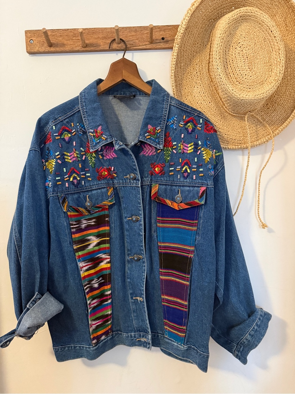 VTG Embroidered Blue Denim Jacket with Colorful Woven Panels